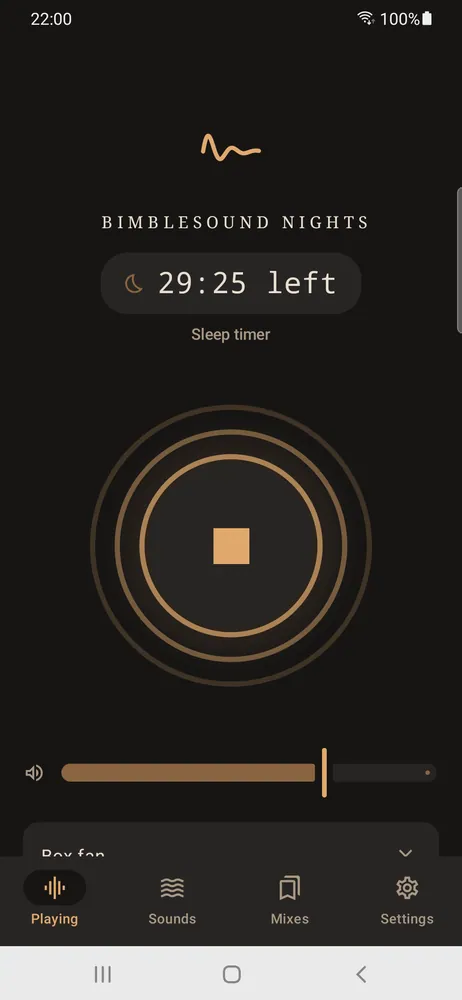 The near-black player screen with a sleep timer showing 29 minutes 25 seconds left and a stop button inside slow rings