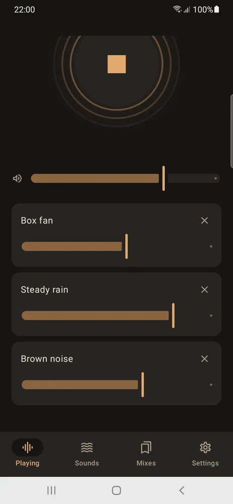The mixer with three sounds playing, Box fan, Steady rain and Brown noise, each with its own volume slider