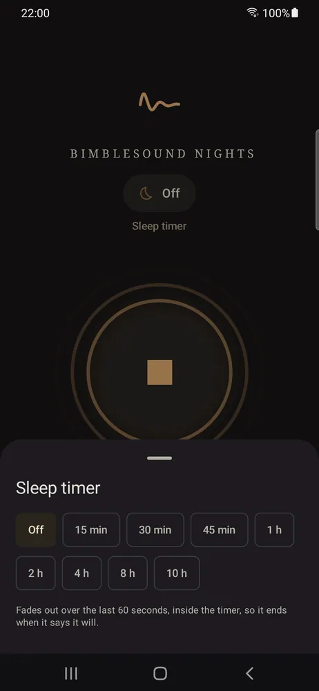 The sleep timer sheet with Off, 15 minutes, 30 minutes, 45 minutes, 1 hour, 2, 4, 8 and 10 hours
