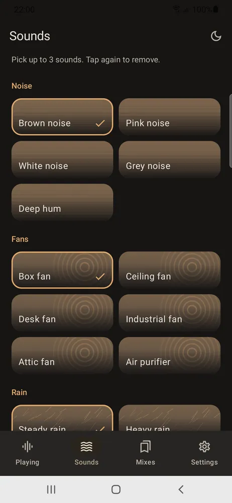 The sounds list, grouped into noise, fans and rain, with Brown noise and Box fan selected and room for up to three sounds