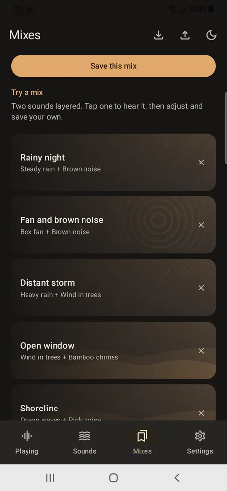 The Mixes screen with saved sound combinations such as Rainy night, Fan and brown noise and Distant storm