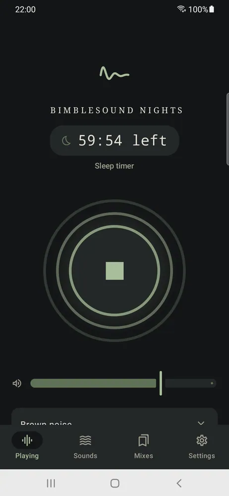 The player in the sage accent colour with a sleep timer showing 59 minutes 54 seconds left