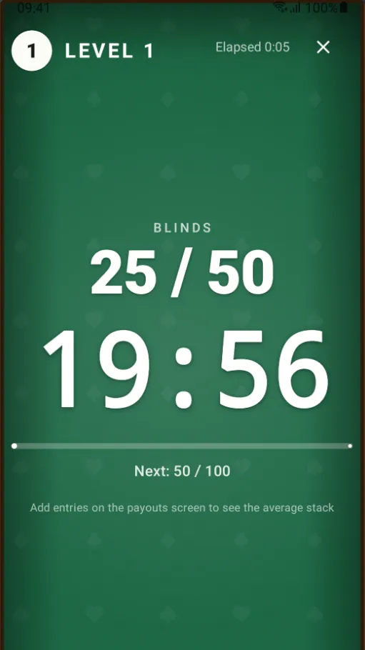 The tournament clock at level 1: blinds 25 / 50, 19 minutes 56 seconds left, next level 50 / 100