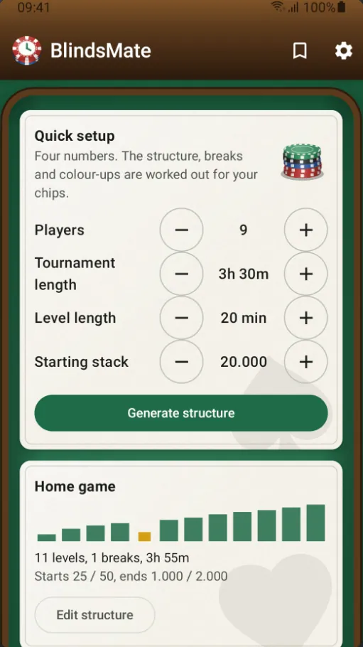 Quick setup with players, tournament length, level length and starting stack, a Generate structure button, and the Home game structure below it