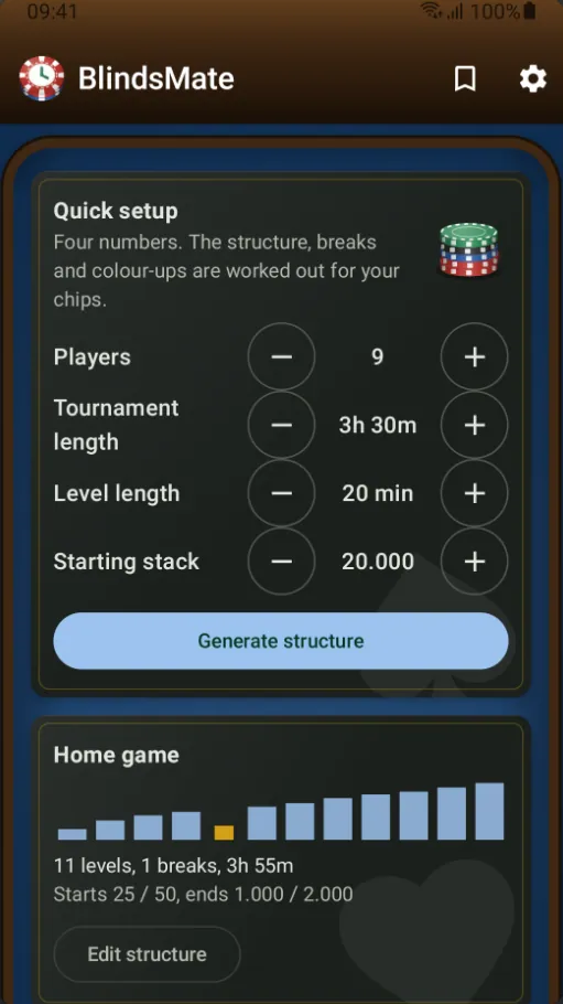 The setup screen on the blue felt in the dark theme