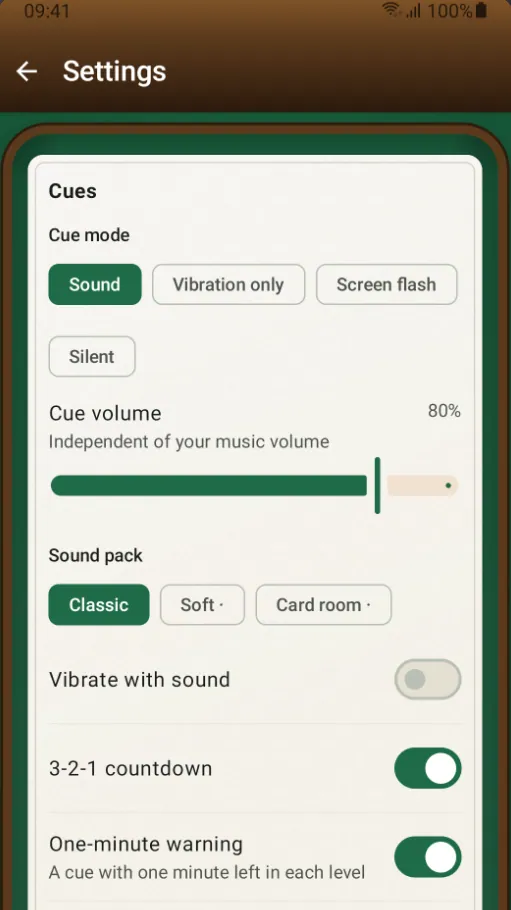 Cue settings: sound, vibration only, screen flash or silent, cue volume, sound pack, and 3-2-1 countdown and one-minute warning switches