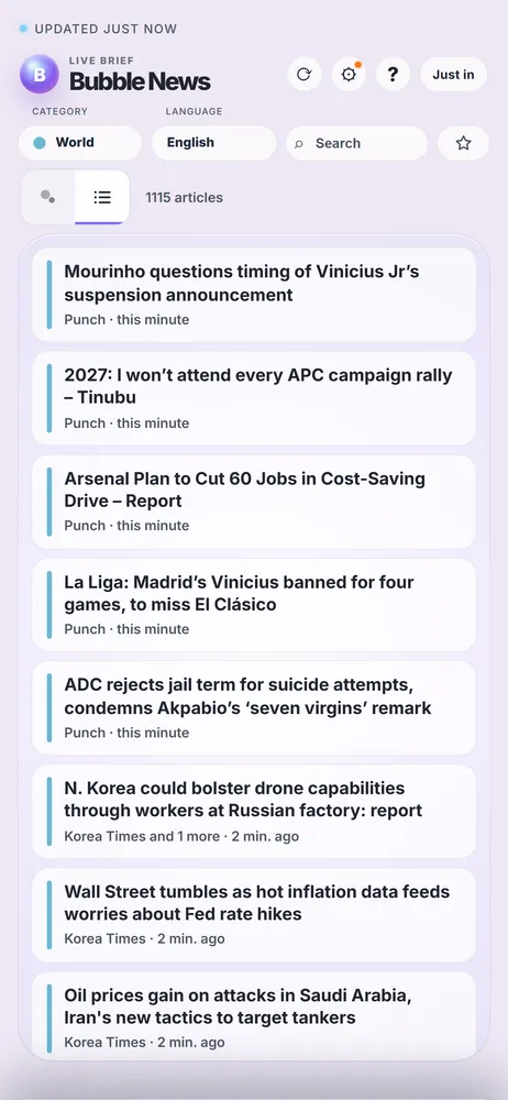 The same headlines as a list, newest first, with the source and time of each