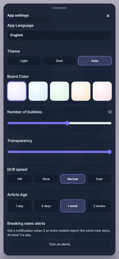 App settings: theme, board colour, number of bubbles, transparency, drift speed, article age and the breaking news alerts switch