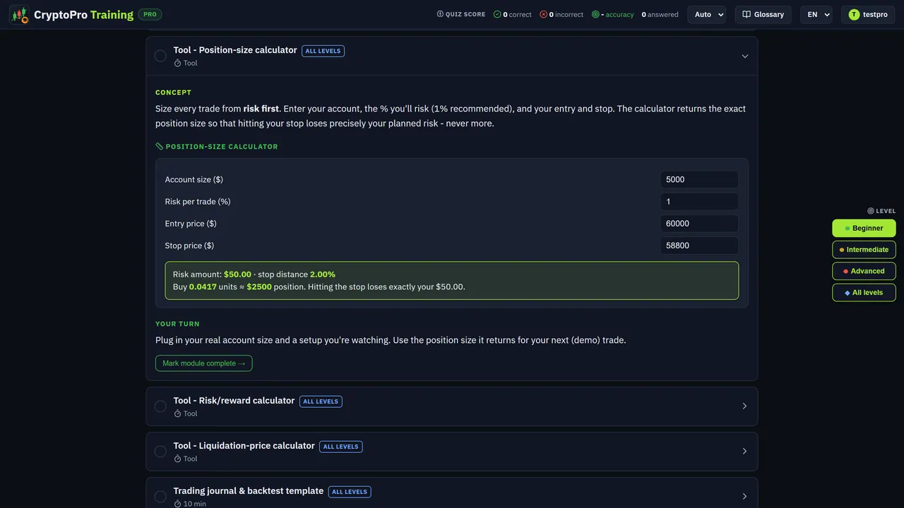 A position-size calculator inside a CryptoPro Training lesson: account size, risk per trade, entry and stop price, and the resulting position size