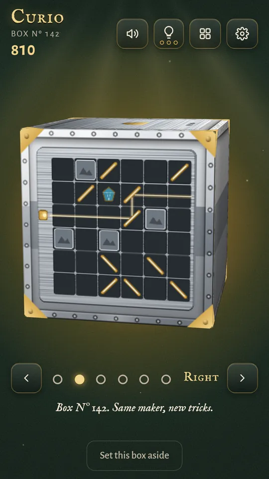A chrome box with a mirrors lock: a lamp, a gem and a grid of mirrors to flip so that a beam of light reaches the gem