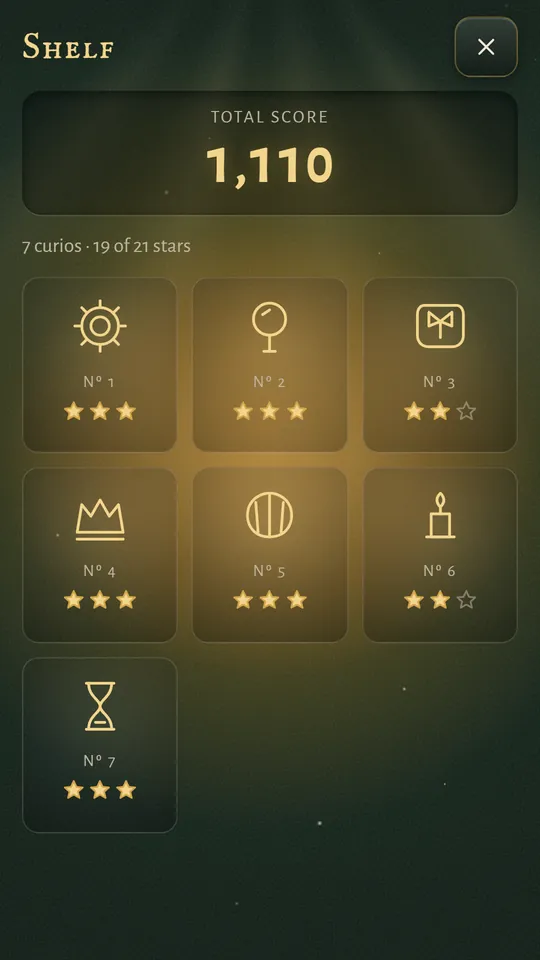 The shelf with a total score of 1,110 and the curios of seven boxes, each with its stars