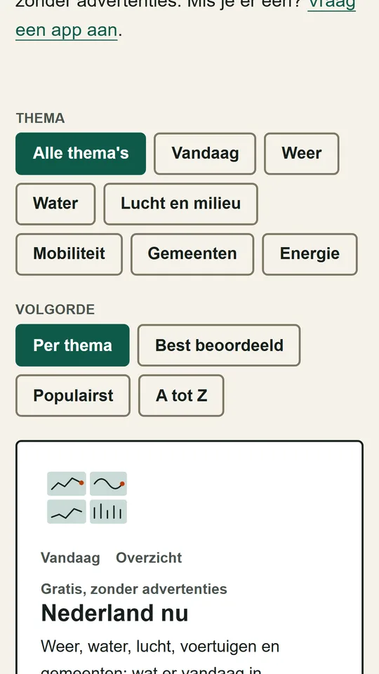 The list of all 21 apps, with buttons to pick a theme and an order, and the first app, Nederland nu, below them