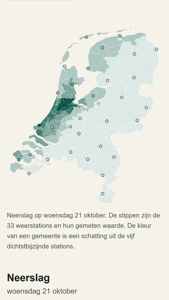 A map of the Netherlands coloured by the rain of one day, with a dot for each of the 33 weather stations