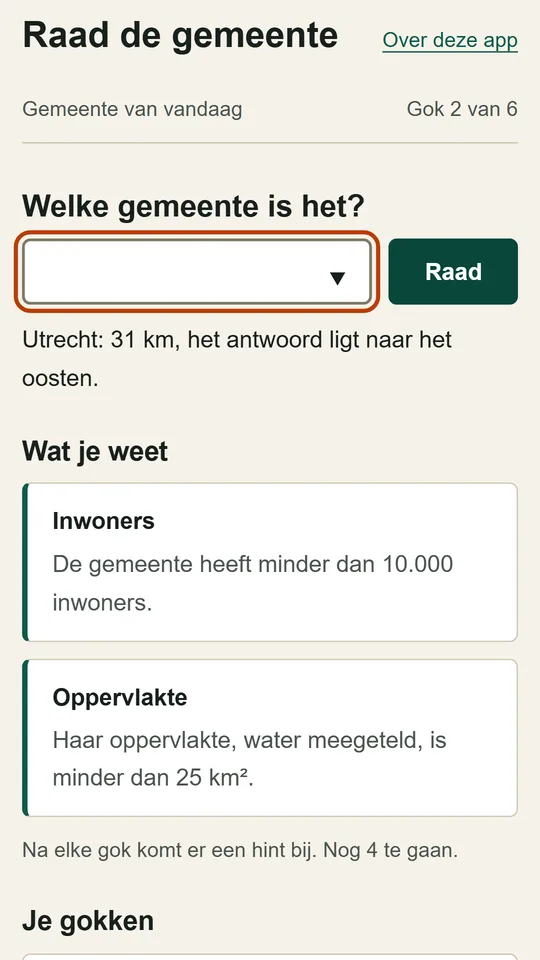 The daily guessing game: one guess, Utrecht, has told the player how far off it is and in which direction, and the first hints are shown