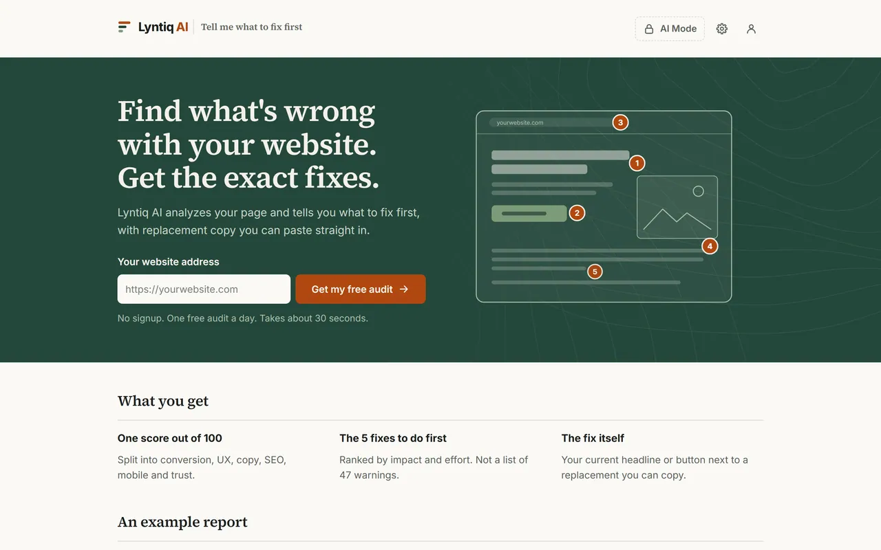 The Lyntiq AI home page: a field for a website address and a button to get a free audit, under the headline 'Find what's wrong with your website'