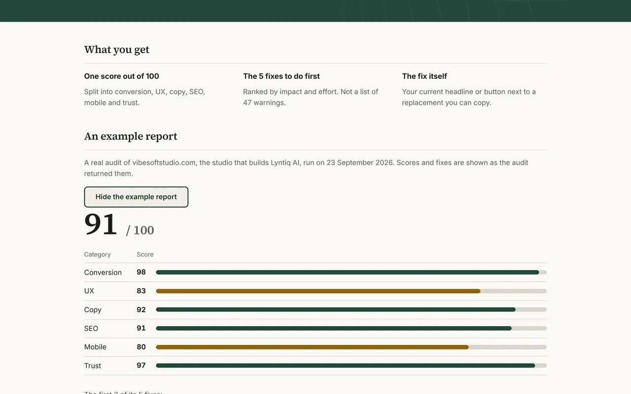 The example audit report for vibesoftstudio.com: a score of 91 out of 100 and bars for conversion, UX, copy, SEO, mobile and trust