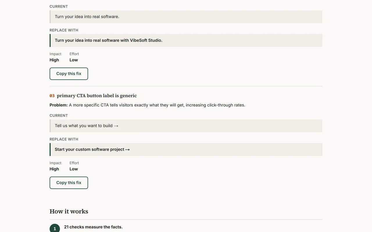 More fixes in the example report, with the current and replacement text and a button to copy each fix
