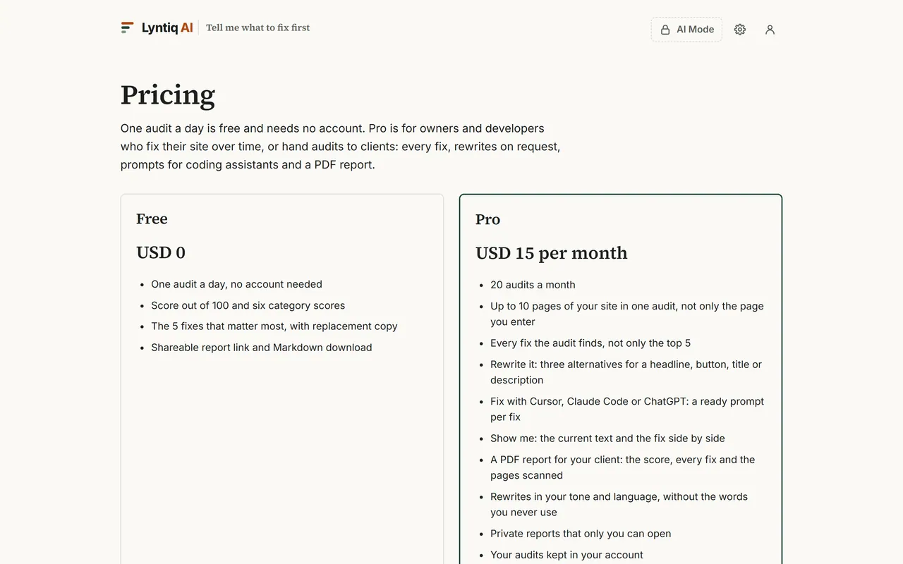 The Lyntiq AI pricing page: a free plan at USD 0 and Pro at USD 15 per month, with what each includes