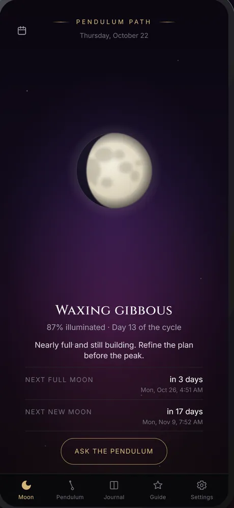 The Moon screen: a waxing gibbous moon, 87 percent illuminated, day 13 of the cycle, with the next full and new moon and an Ask the pendulum button
