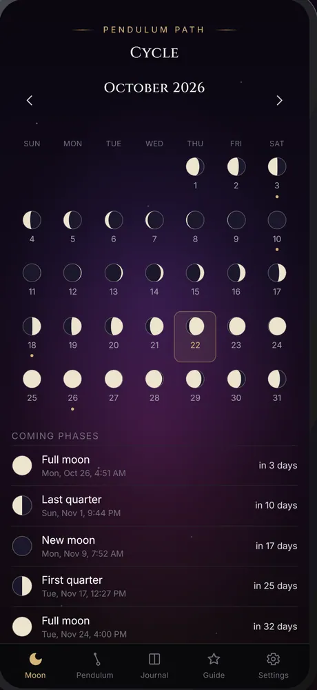 The Cycle calendar for October 2026 with the moon phase of every day and the coming phases listed below