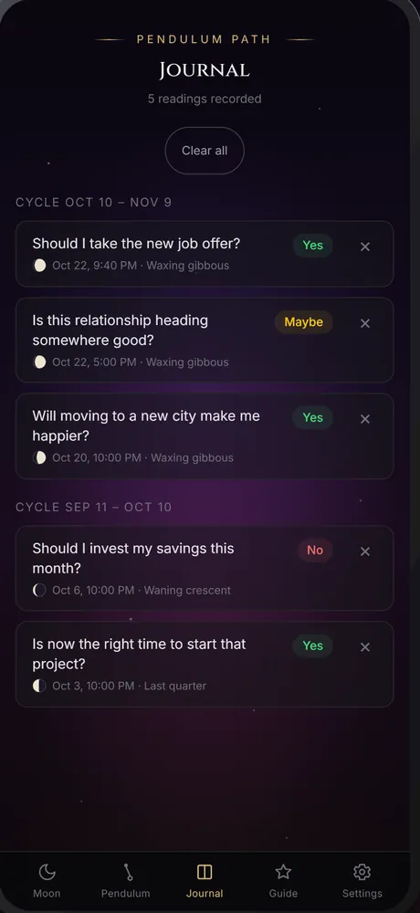 The Journal: saved readings grouped by moon cycle, each with its question, the answer Yes, No or Maybe, and the moon phase