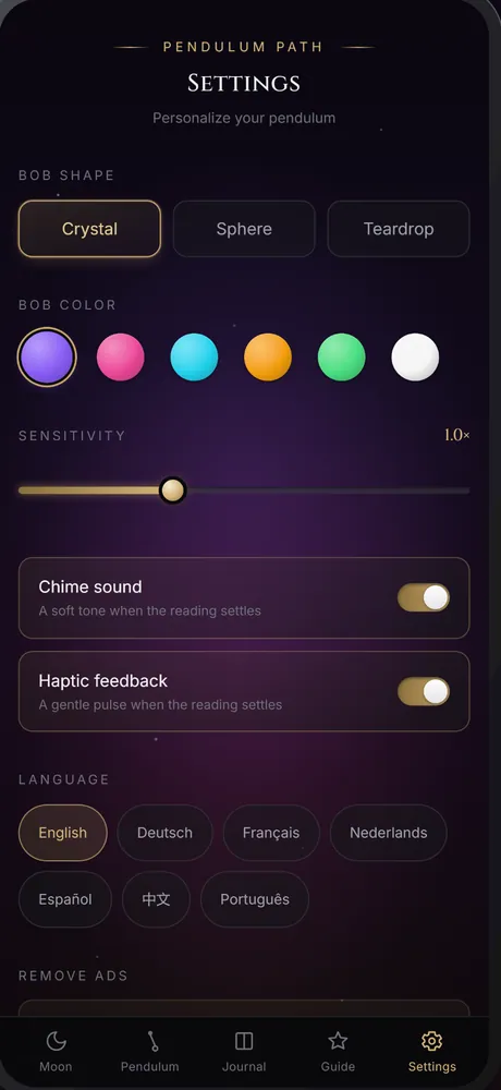 Settings: bob shape and colour, sensitivity, chime sound and haptic feedback switches, and the language choice