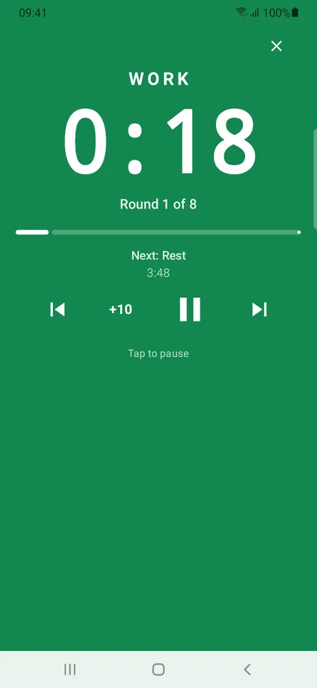 The work phase of an 8 round workout on a full-screen green timer: 18 seconds left, with skip, add ten seconds and pause controls