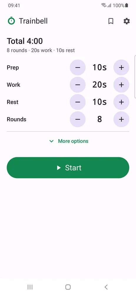 The setup screen for an 8 round workout: prep 10 seconds, work 20 seconds, rest 10 seconds, rounds 8, and a Start button
