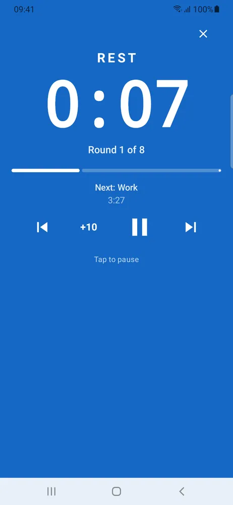 The rest phase on a full-screen blue timer: 7 seconds left, round 1 of 8, next up is work
