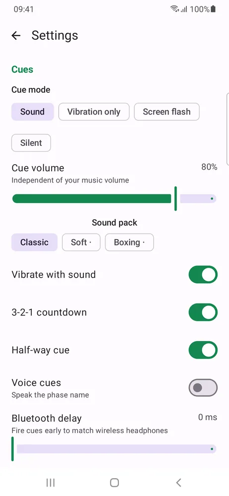 Cue settings: sound, vibration only, screen flash or silent, with cue volume, sound pack, 3-2-1 countdown and half-way cue switches