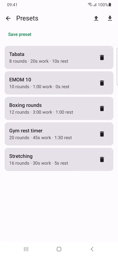 The presets list with Tabata, EMOM 10, Boxing rounds, Gym rest timer and Stretching, and buttons to export and import presets