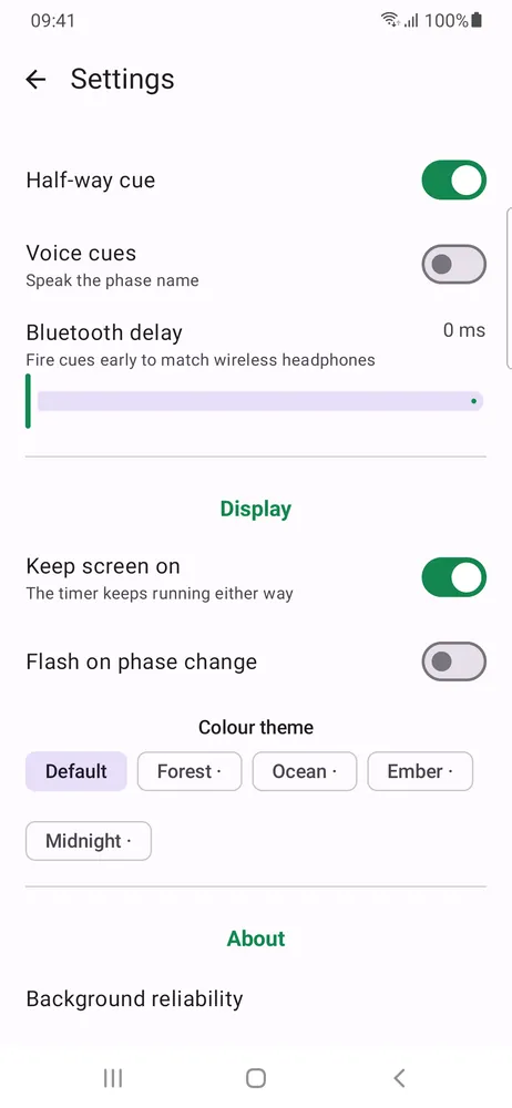 Settings with the colour theme choices Default, Forest, Ocean, Ember and Midnight