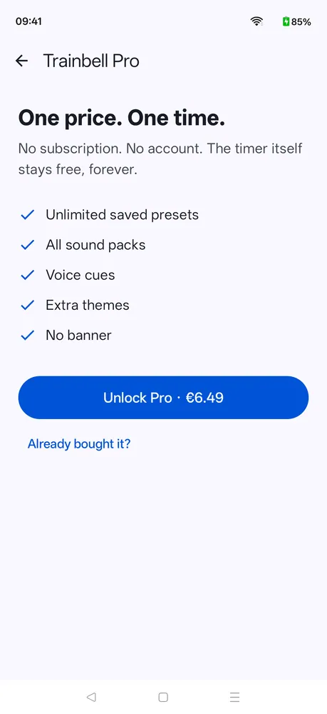 The Trainbell Pro screen: one price, one time, no subscription, with unlimited presets, all sound packs, voice cues, extra themes and no banner